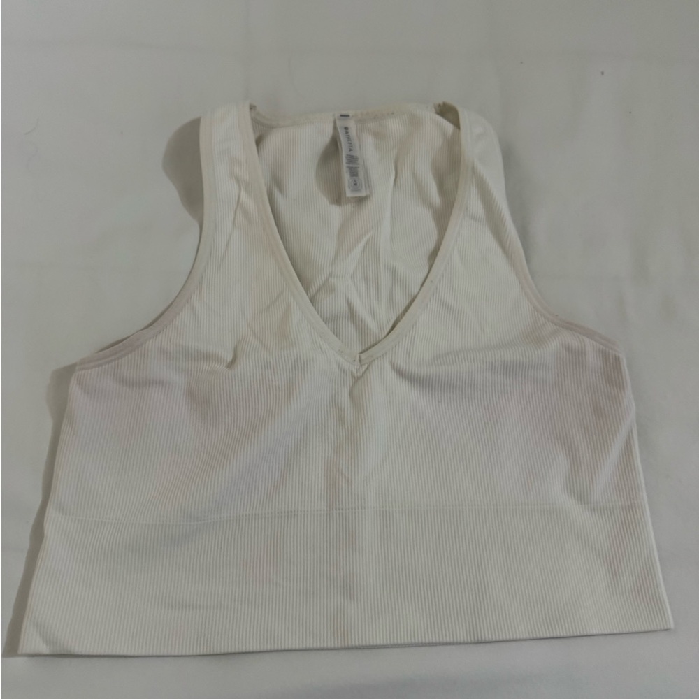 Athleta Aurora Cropped White Ribbed V-Neck Tank Top